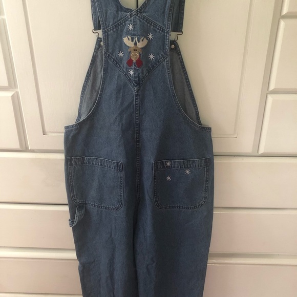 Christmas Jean Overalls Reindeer overalls blue denim cut offs Ladies medium - Picture 6 of 15